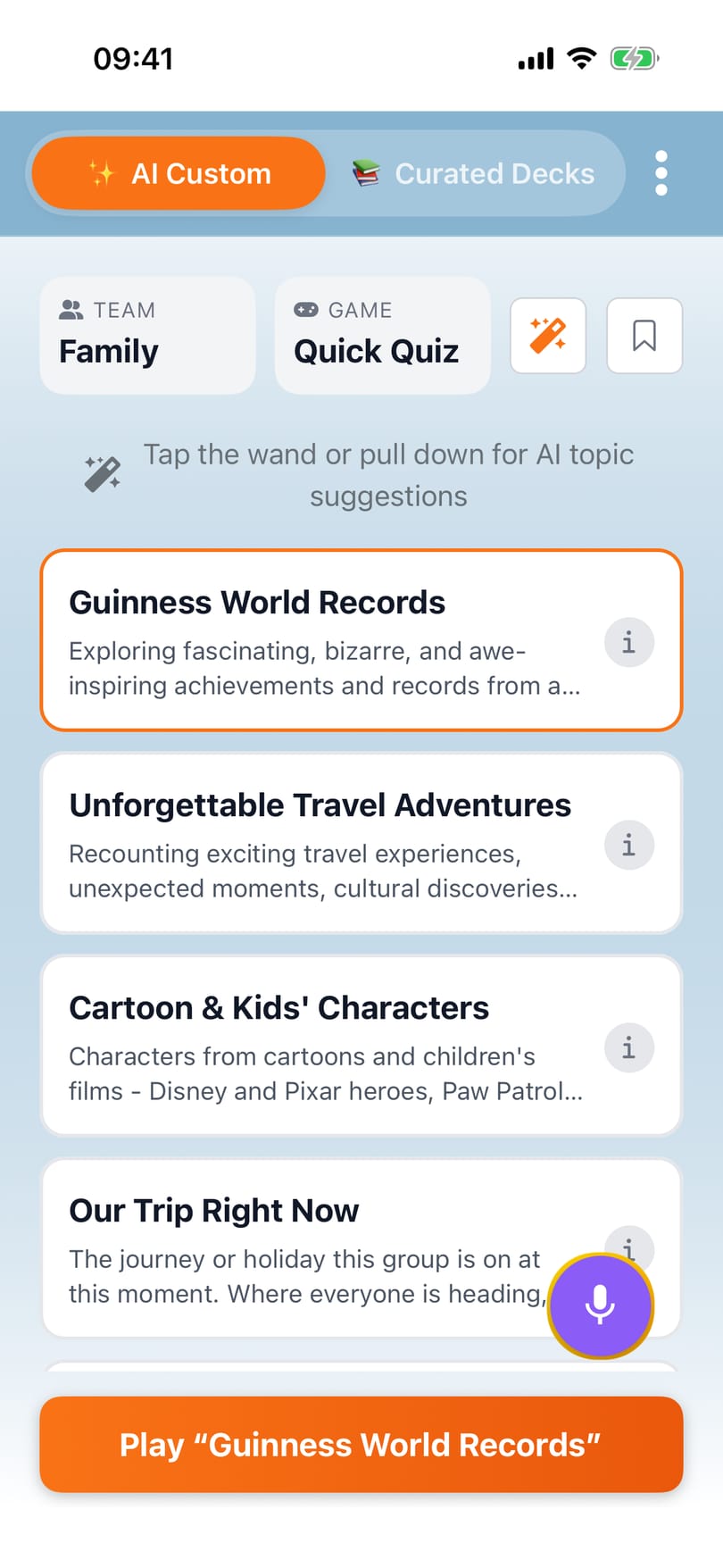 Home screen on the “AI Custom” tab, with suggested topics and a button to play the selected one