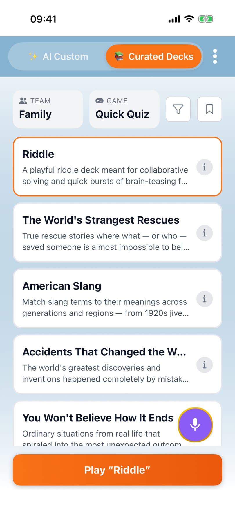 Home screen on the “Curated Decks” tab, showing a list of question decks