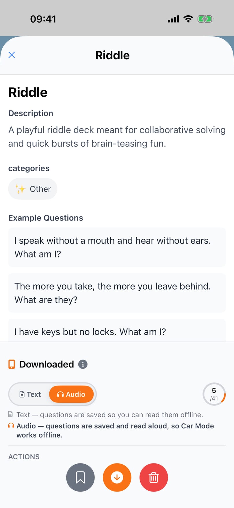 Deck details with example questions and offline mode set to Audio