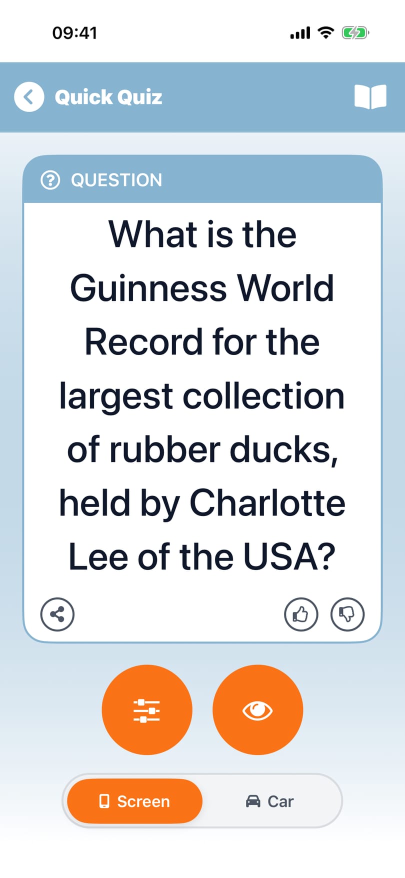 Playing on the phone screen: a question on a large card, with a button to reveal the answer