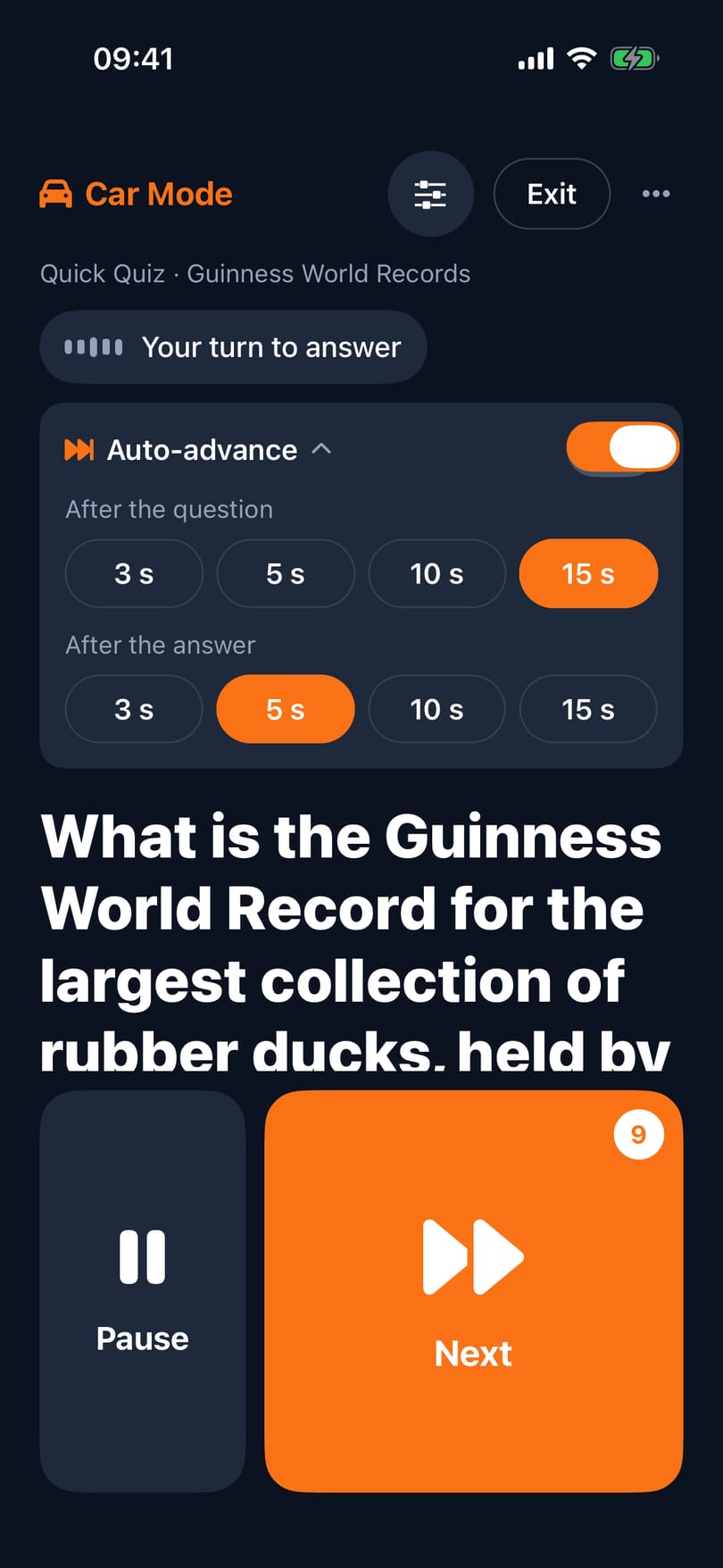 Car Mode with “Auto-advance” open, to choose how long it waits after the question and after the answer